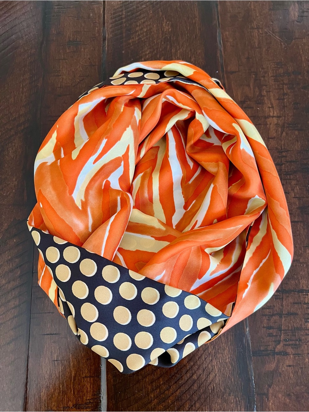 Upside by Tucker 100% Silk Reversible Infinity Scarf Orange & Polka Dot 28x12